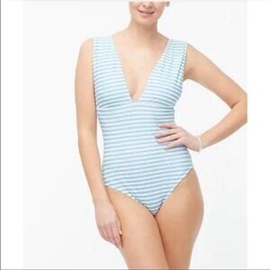 J Crew Striped One Piece Large Swimsuit New V Neck Bathing Beach Resort